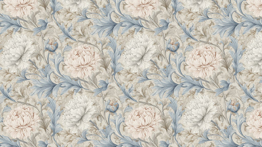 Floral pattern wallpaper with dusty blue acanthus leaves and rose-pink peony blossoms on a cream background.