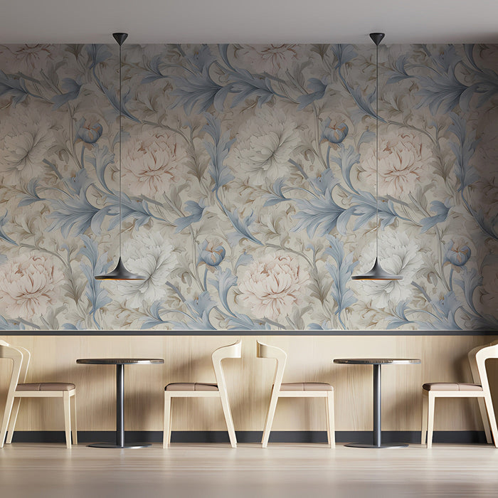 Elegant flower wallpaper in a classic dining room with soft lighting.