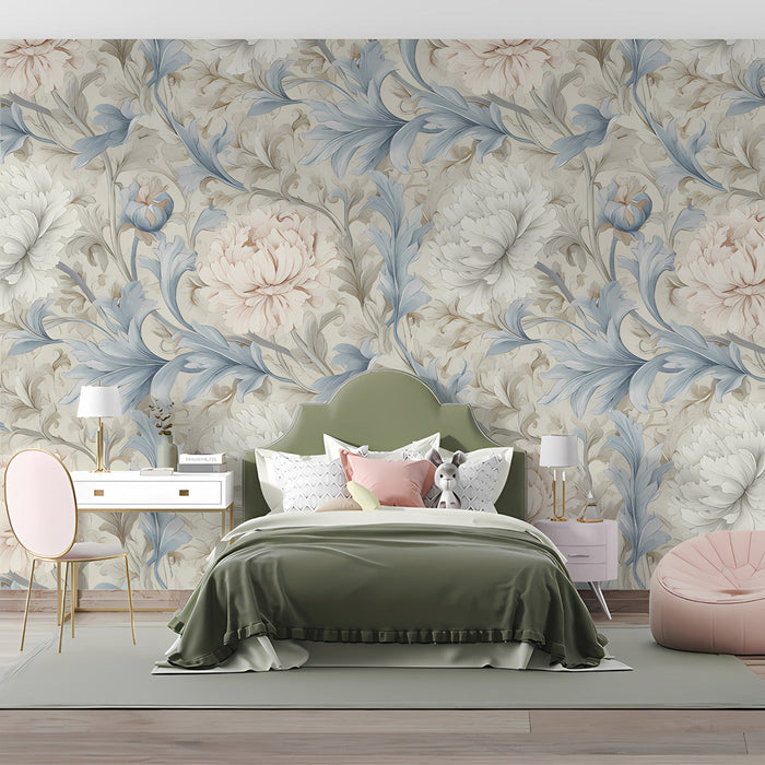 Floral mural wallpaper installed in a sophisticated living room with neutral decor.