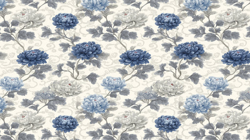 Floral pattern with deep blue chrysanthemums and grey leaves on a cream background with cloud motifs