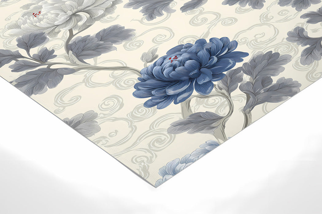 Bright dining room with a chinoiserie-inspired floral wallpaper mural as a sophisticated backdrop