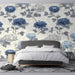 Refined home office space featuring botanical chrysanthemum wallpaper with blue and silver-grey tones