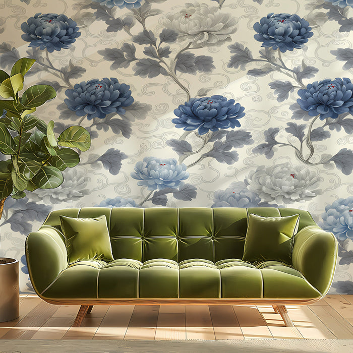 Sophisticated bedroom interior featuring a blue and cream floral wall mural behind a headboard