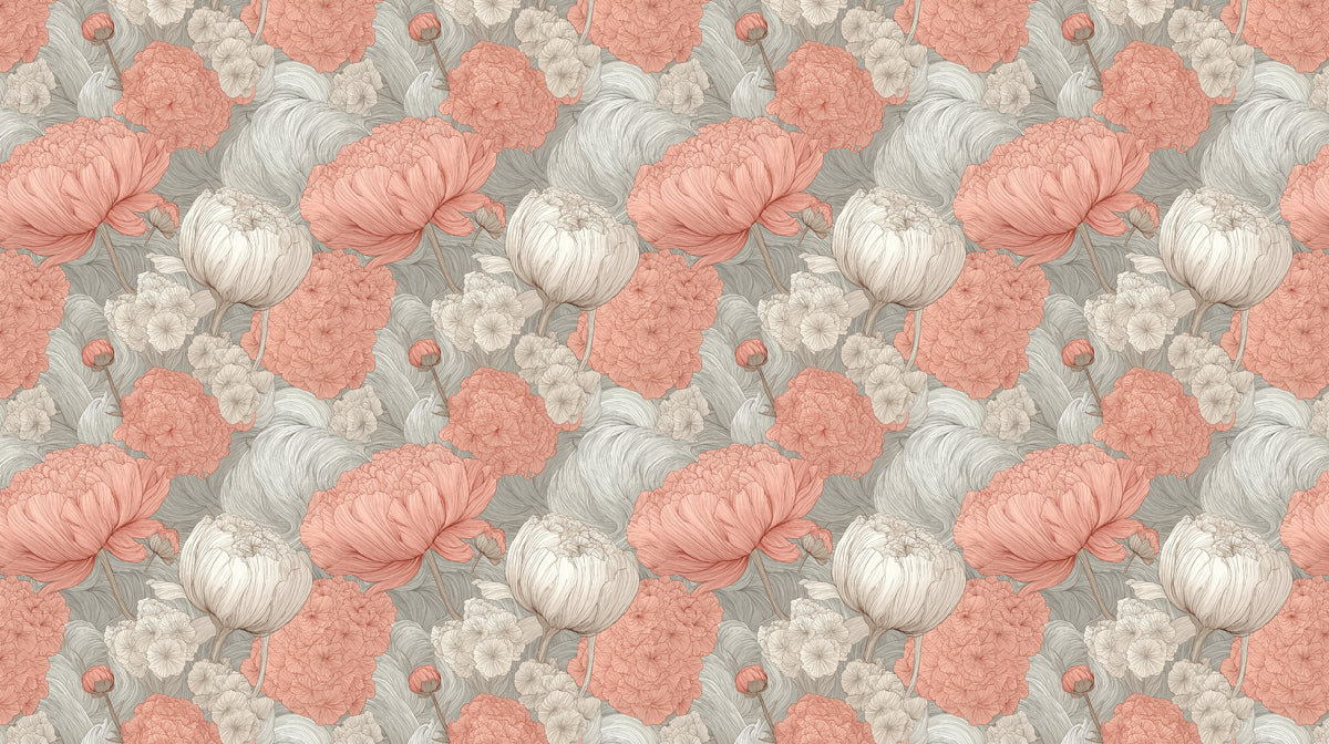 Floral pattern wallpaper with sketch-style dusty rose peonies and cream blossoms on a taupe swirling background