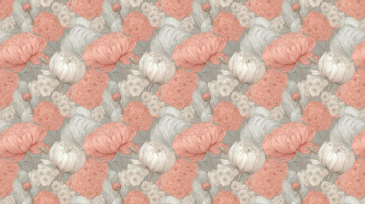 Floral pattern wallpaper with sketch-style dusty rose peonies and cream blossoms on a taupe swirling background