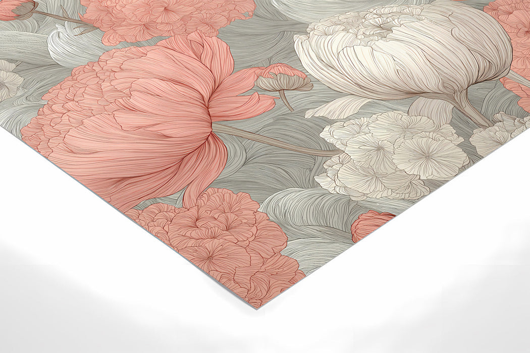 Soft peony mural backdrop in a contemporary dining room with light oak furniture