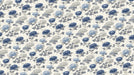 Floral pattern wallpaper with sapphire blue and dove gray peonies on a cream background.