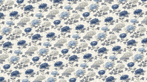 Floral pattern wallpaper with sapphire blue and dove gray peonies on a cream background.