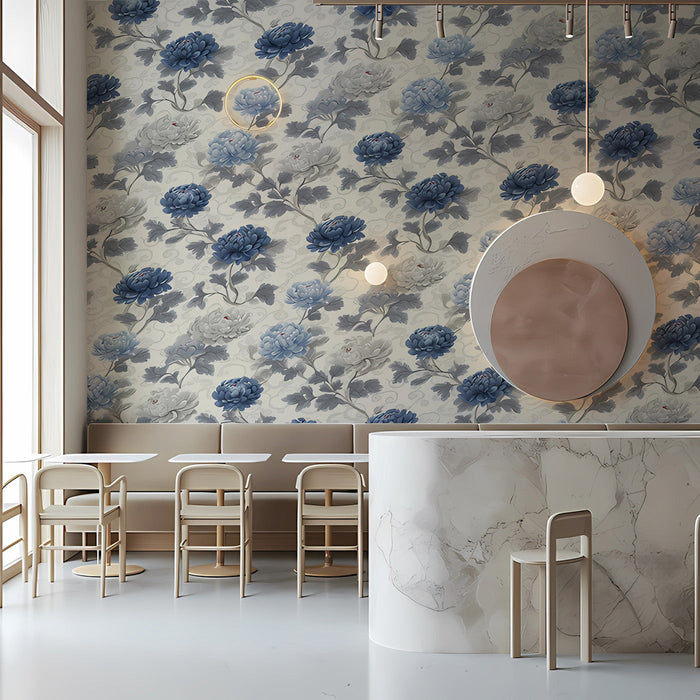A bright, elegant entryway styled with blue and white botanical mural wallpaper.