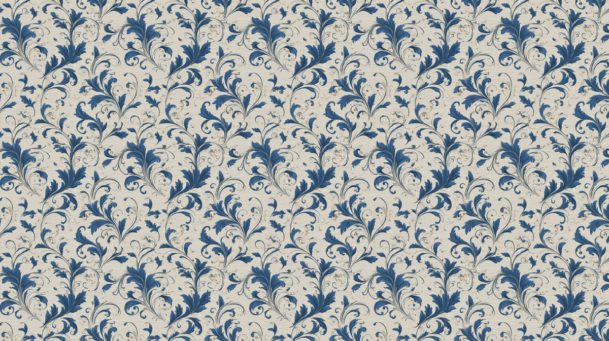 Traditional indigo blue acanthus leaf pattern with swirling tendrils on an oatmeal textured background