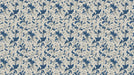 Traditional indigo blue acanthus leaf pattern with swirling tendrils on an oatmeal textured background