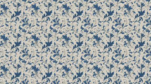 Traditional indigo blue acanthus leaf pattern with swirling tendrils on an oatmeal textured background