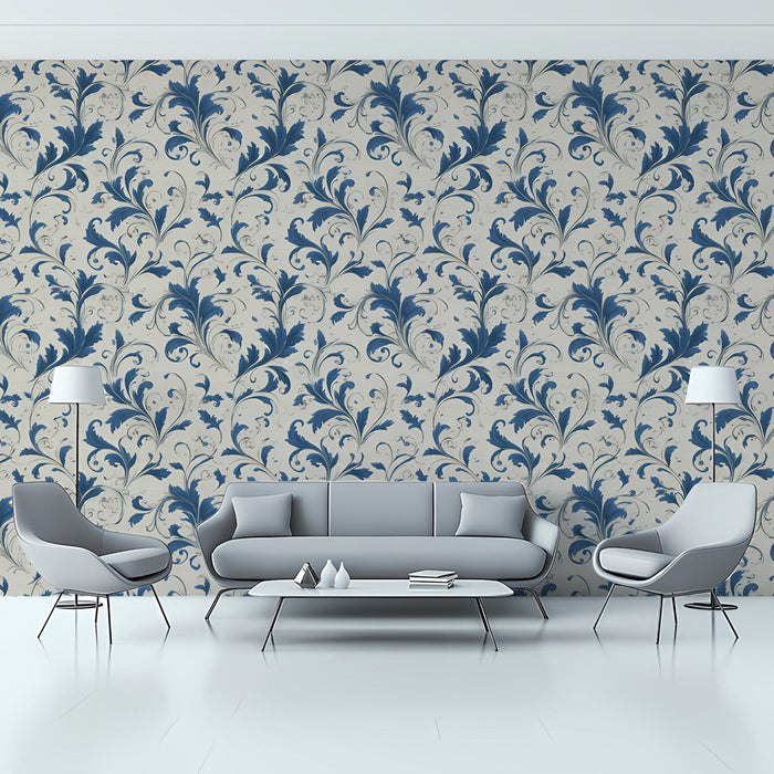 Formal entryway hallway featuring classic indigo and oatmeal scroll pattern wallpaper