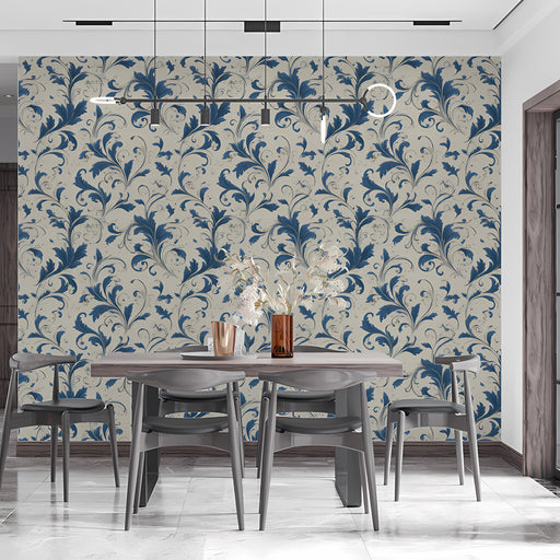 Traditional dining room featuring classic indigo floral wallpaper and mahogany furniture