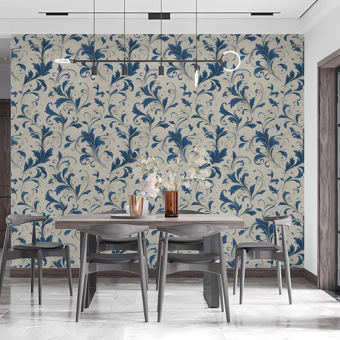 Traditional dining room featuring classic indigo floral wallpaper and mahogany furniture