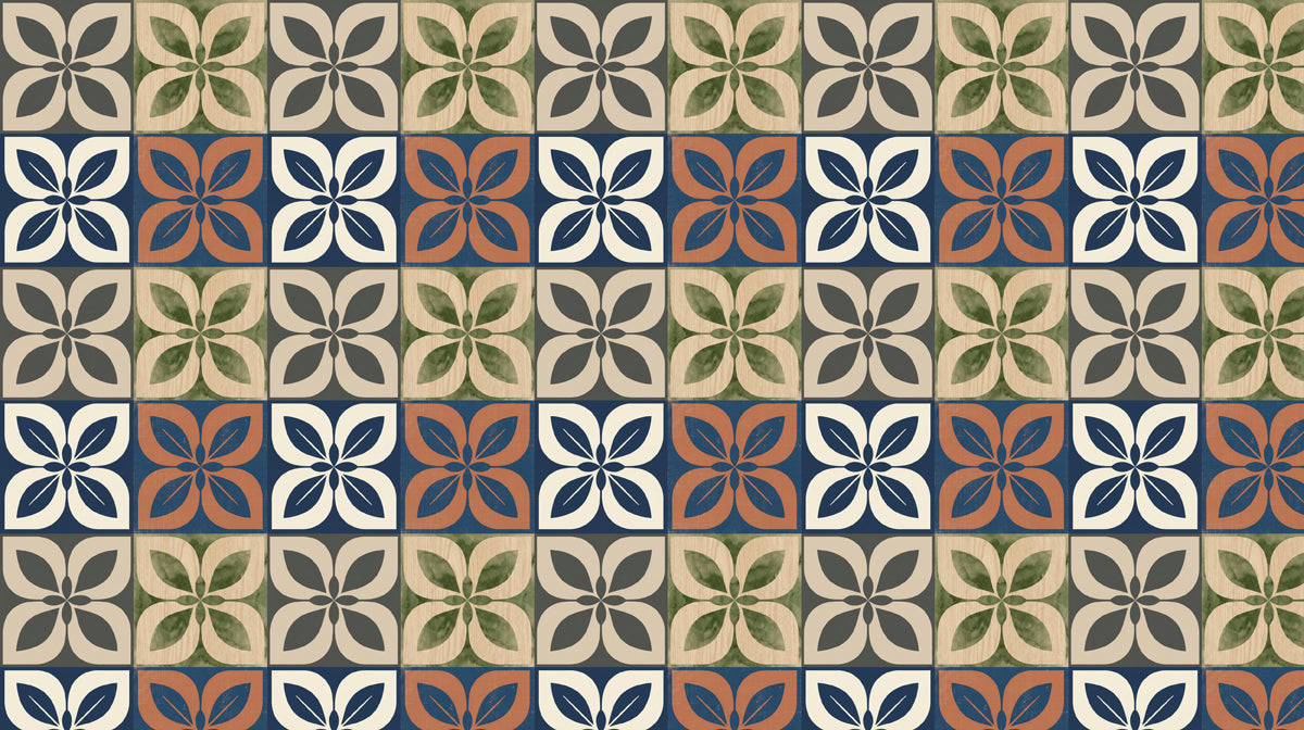 Grid pattern of square tiles with four-leaf floral motifs in terracotta, slate blue, forest green, and charcoal.