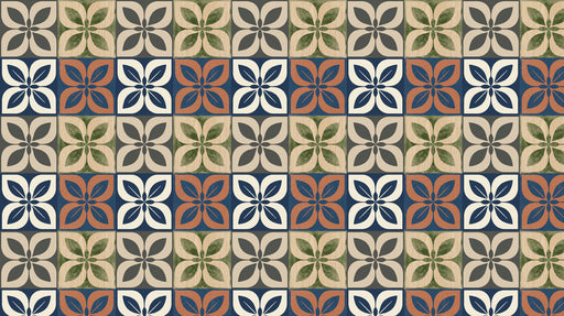 Grid pattern of square tiles with four-leaf floral motifs in terracotta, slate blue, forest green, and charcoal.