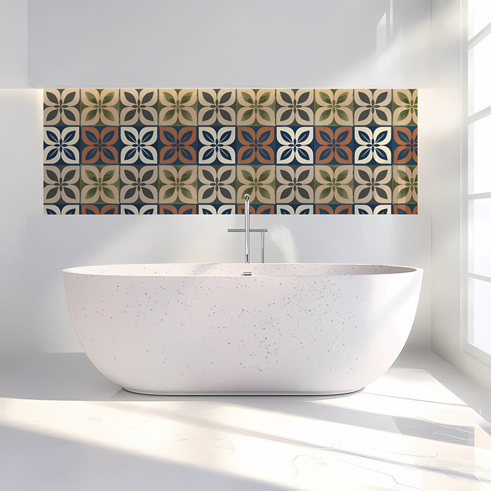 A bright, open kitchen featuring a tile-patterned mural as a stylish backsplash behind open wooden shelving.
