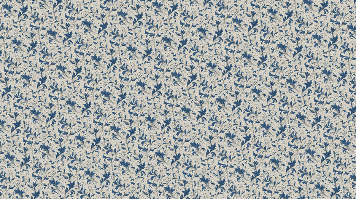 Intricate indigo blue scrollwork floral pattern on an oatmeal background with a vintage paper texture.