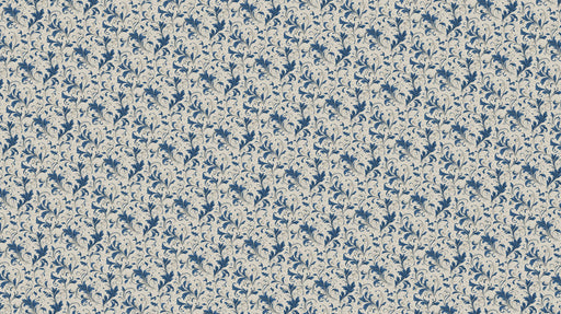 Intricate indigo blue scrollwork floral pattern on an oatmeal background with a vintage paper texture.