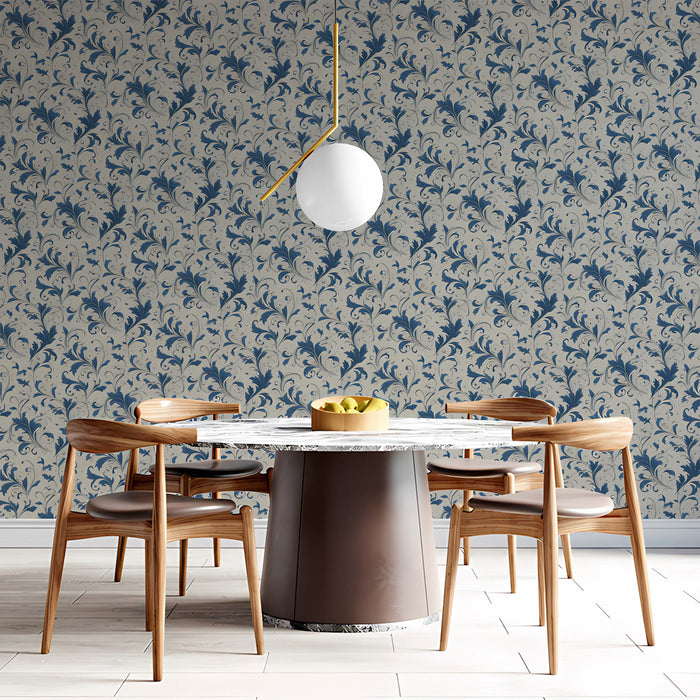 A dining room set against the backdrop of the timeless indigo floral scroll design.
