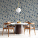 A dining room set against the backdrop of the timeless indigo floral scroll design.
