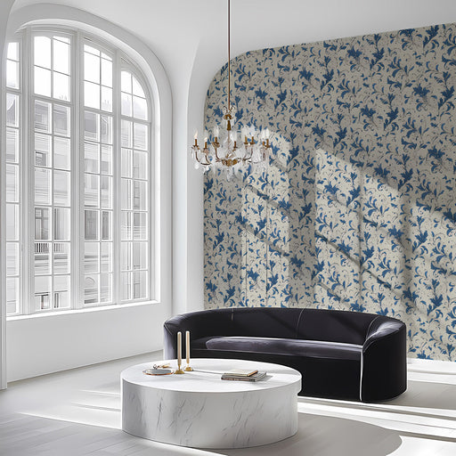 A sophisticated bedroom interior featuring the navy and cream scrollwork wallpaper as a classic feature wall.