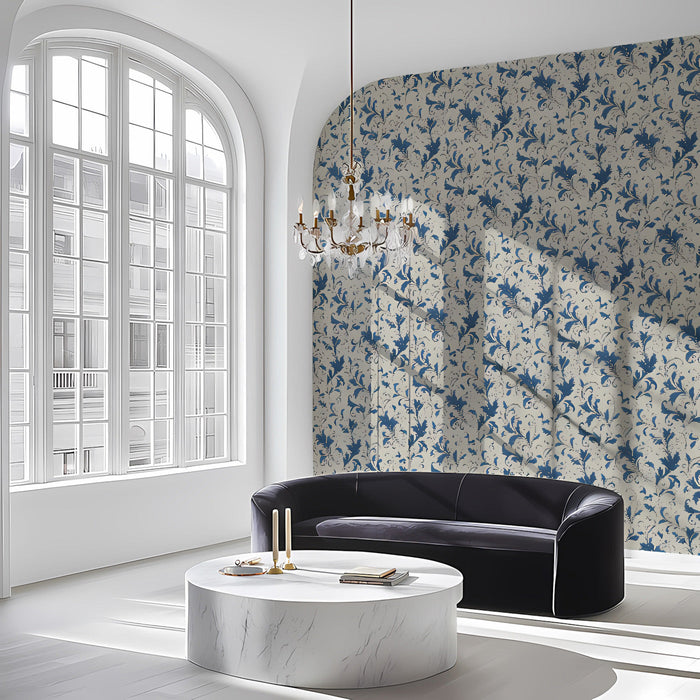 A sophisticated bedroom interior featuring the navy and cream scrollwork wallpaper as a classic feature wall.
