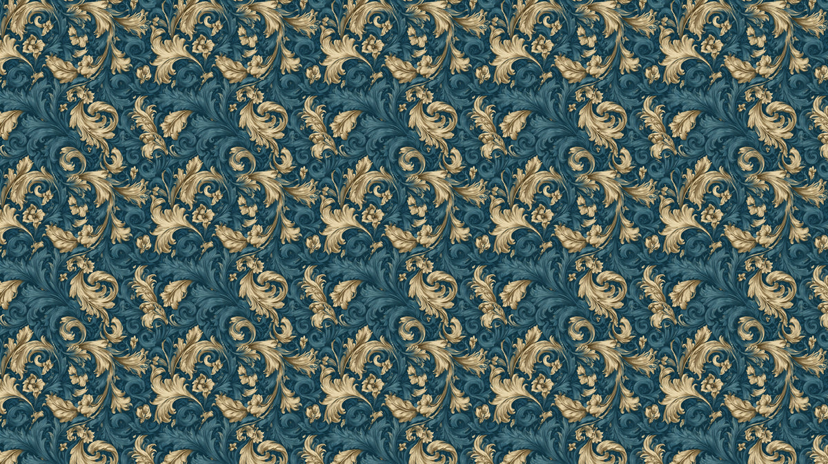 Intricate damask scroll pattern with gilded gold acanthus leaves on a deep midnight teal background.