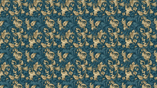 Intricate damask scroll pattern with gilded gold acanthus leaves on a deep midnight teal background.