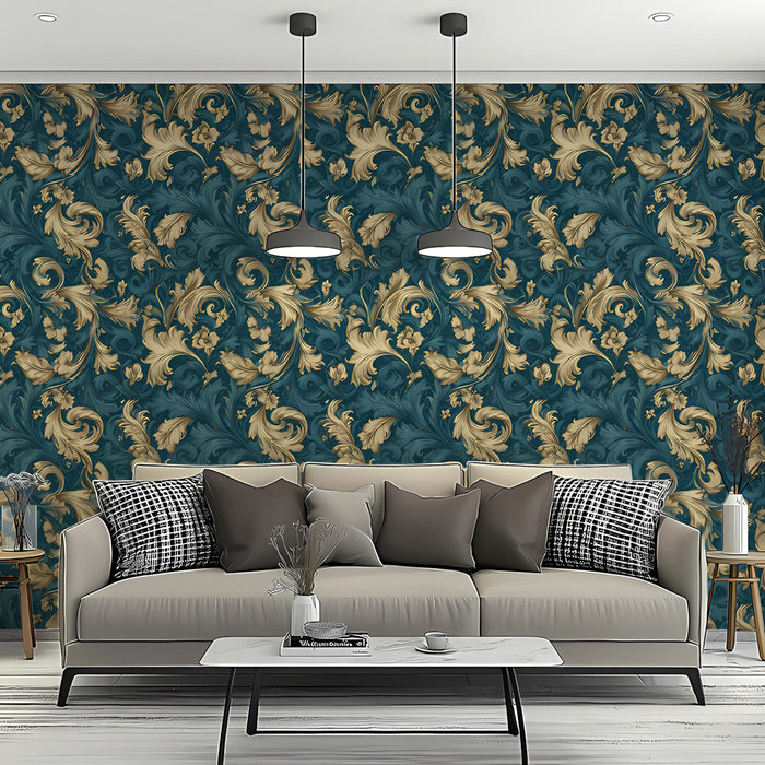 A sophisticated bedroom interior featuring the teal and gold damask mural as a luxurious headboard wall.