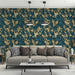 A sophisticated bedroom interior featuring the teal and gold damask mural as a luxurious headboard wall.