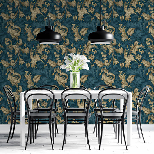 A formal dining room featuring a classic damask wallpaper wall behind an antique dark wood dining table.