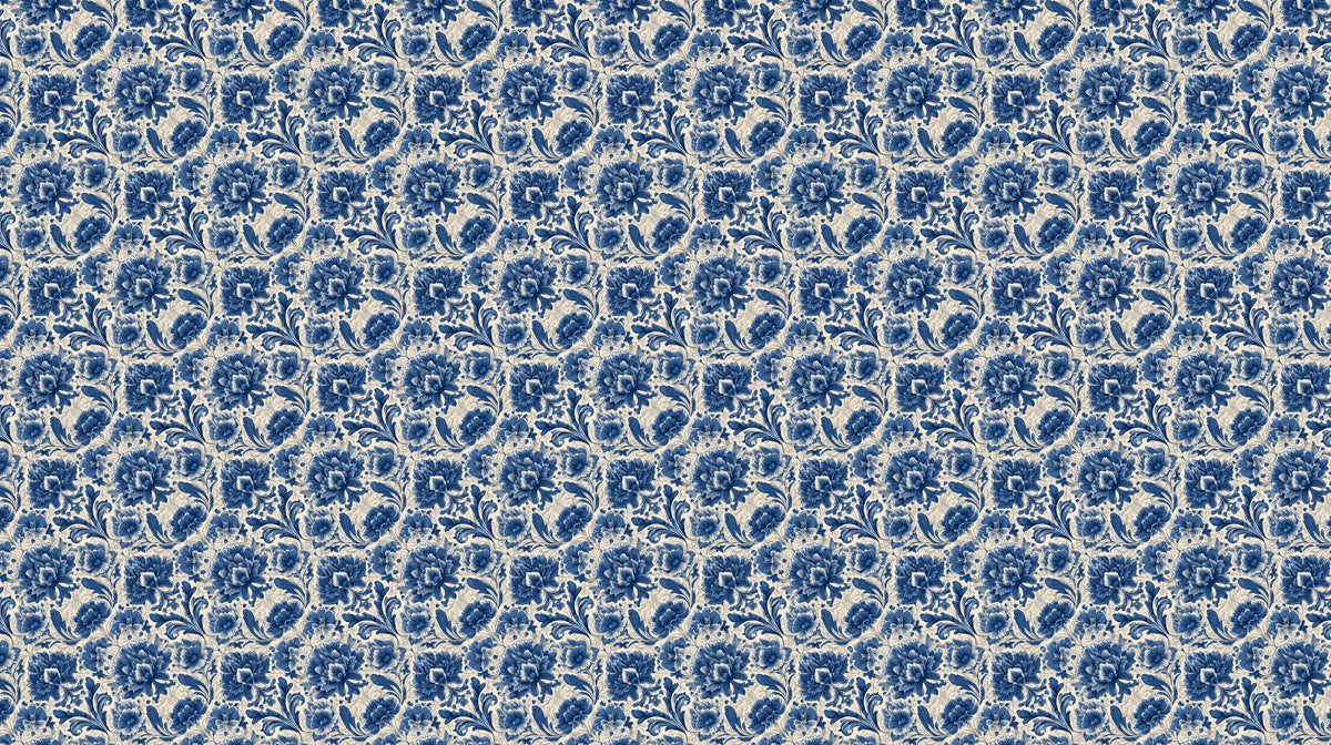 A repeating damask wallpaper pattern featuring intricate deep blue floral motifs on a textured cream background.