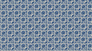 A repeating damask wallpaper pattern featuring intricate deep blue floral motifs on a textured cream background.
