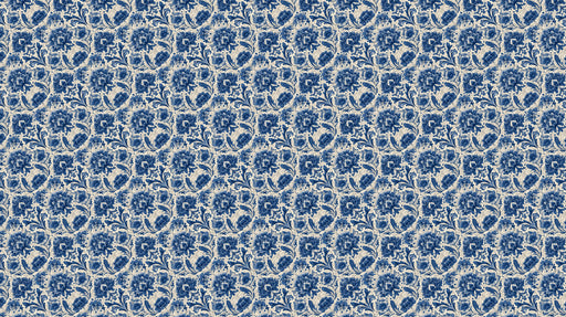 A repeating damask wallpaper pattern featuring intricate deep blue floral motifs on a textured cream background.