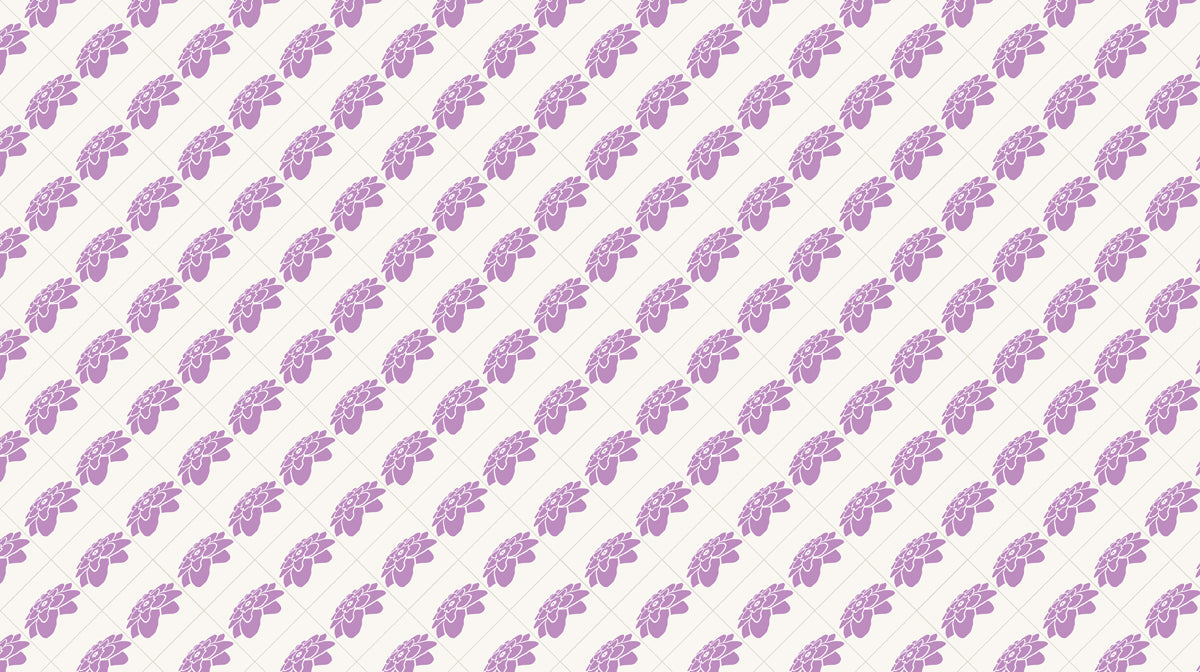 Repeating geometric pattern of stylized lilac flowers on an off-white background