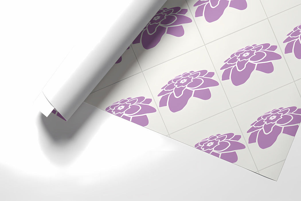 Minimalist lavender flower mural behind a white desk in a home office