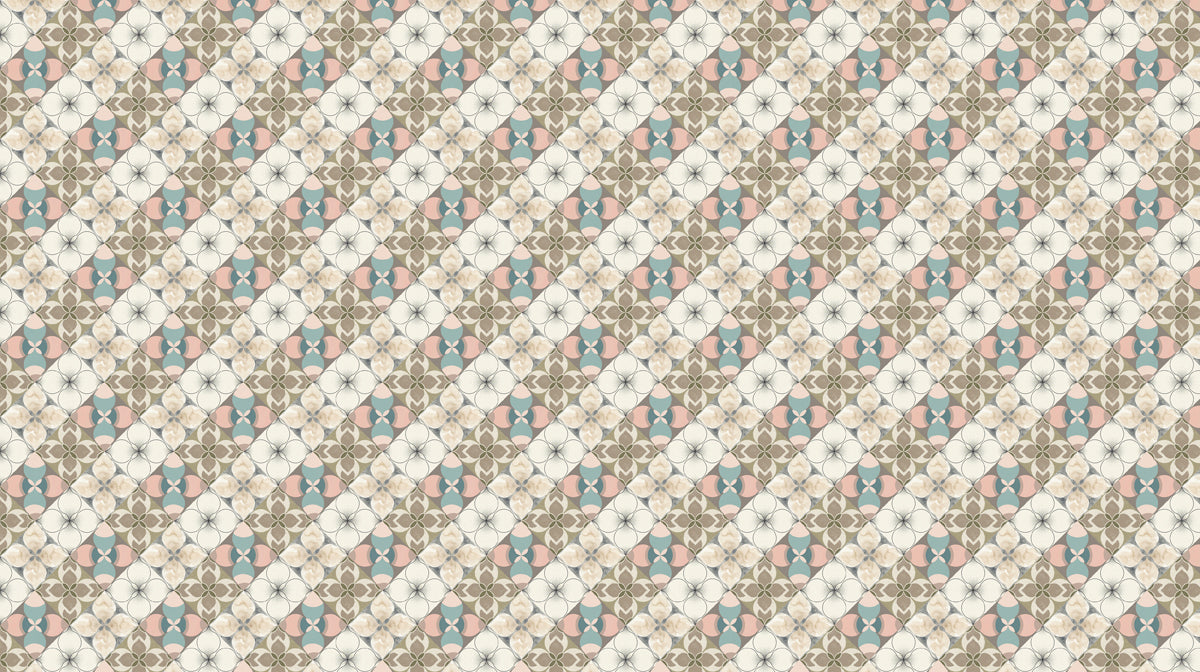 A geometric wallpaper pattern with dusty rose and sage green floral motifs in a diamond tile arrangement.