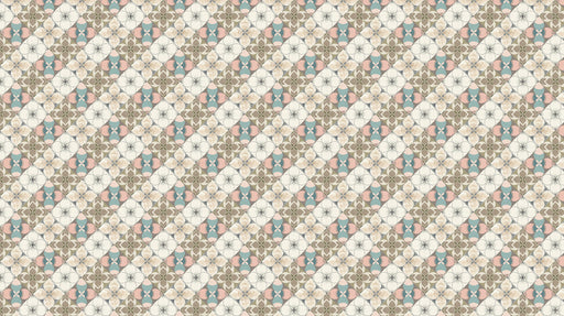 A geometric wallpaper pattern with dusty rose and sage green floral motifs in a diamond tile arrangement.
