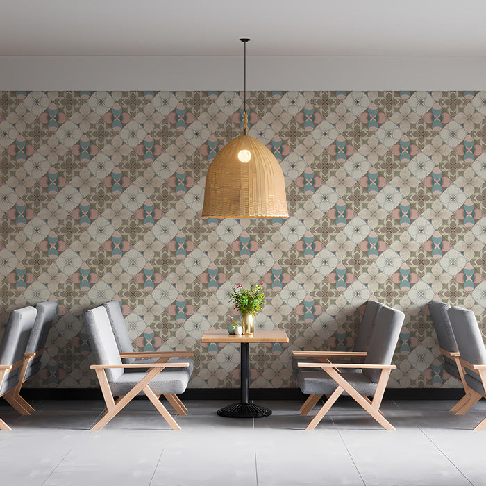 A cozy nursery room decorated with the soft, pastel-toned geometric wallpaper pattern.