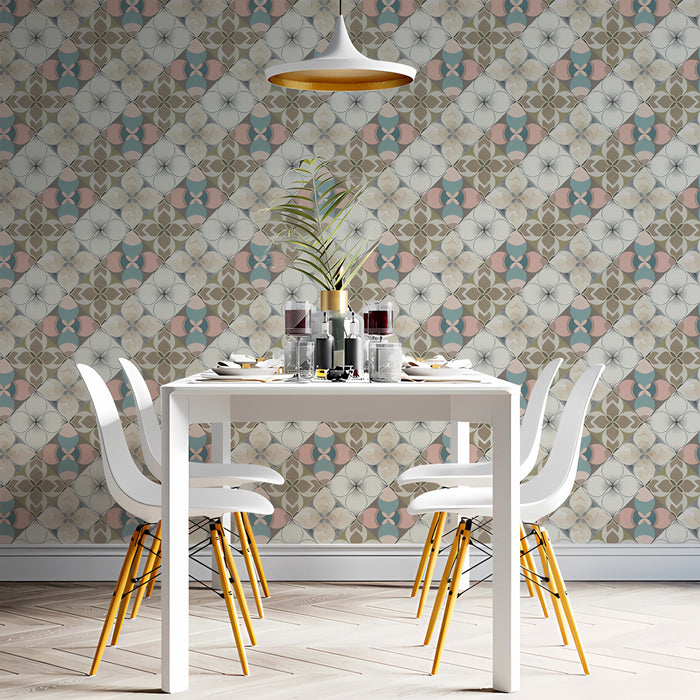 A bright, airy living room featuring the geometric floral mural on a statement wall behind a cream sofa.