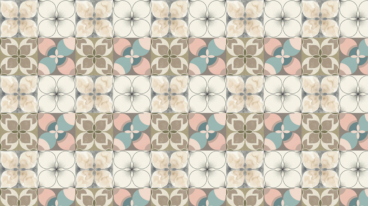 A repeating geometric pattern of stylized flower petals in dusty rose, seafoam blue, and taupe with fine line details.