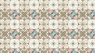 A repeating geometric pattern of stylized flower petals in dusty rose, seafoam blue, and taupe with fine line details.