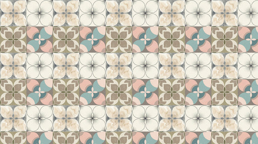 A repeating geometric pattern of stylized flower petals in dusty rose, seafoam blue, and taupe with fine line details.