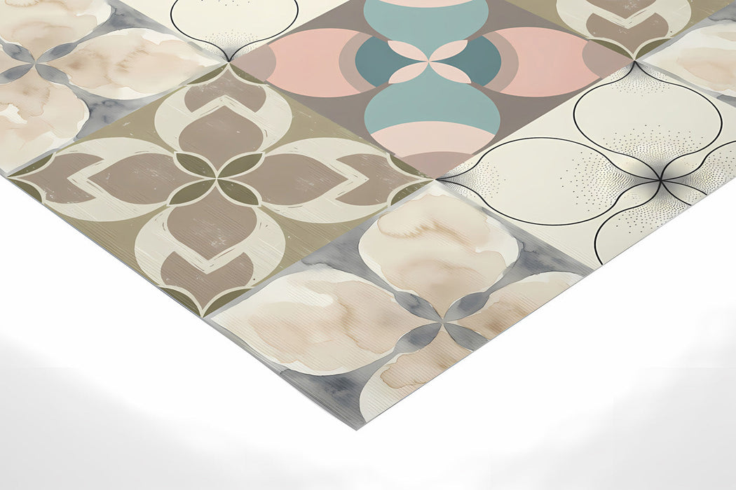 A cozy nursery interior showing the gentle pastel mosaic pattern on a feature wall.