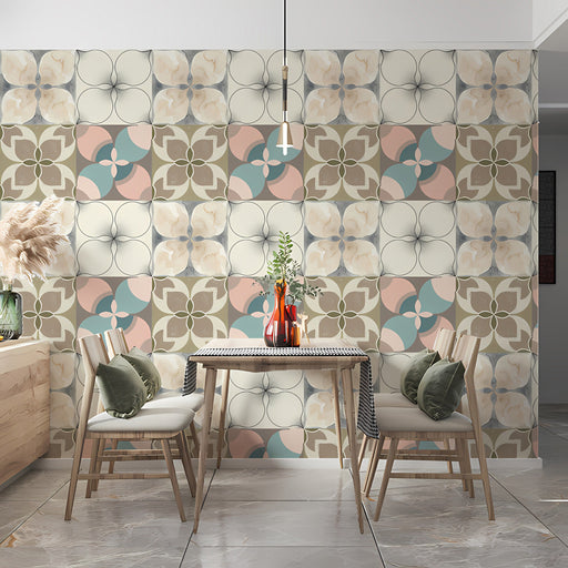 A clean, minimalist home office space updated with the soft, symmetrical petal wallpaper.