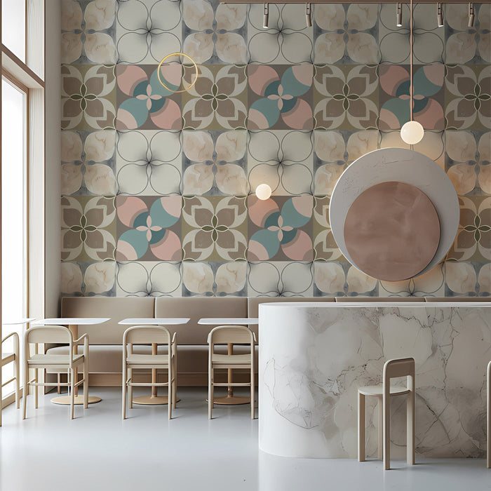 A bright, contemporary kitchen featuring the geometric floral mural as a soft accent wall.