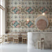 A bright, contemporary kitchen featuring the geometric floral mural as a soft accent wall.