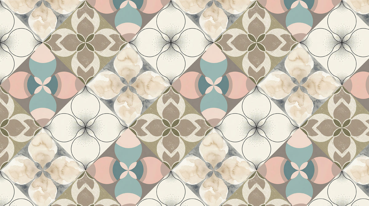 A geometric tile pattern featuring watercolor flowers in blush, sage, cream, and charcoal.